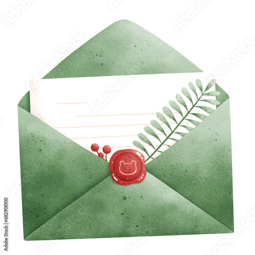 Watercolor Christmas Envelope Illustration Isolated on Transparent Background