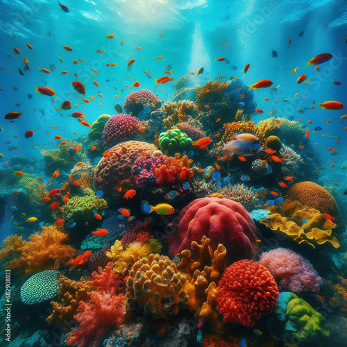 Vibrant underwater coral reef scene teeming with colorful fish and marine life.