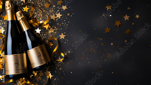 Happy New Year 2024, celebration, template, background, gift card, email greetings, champagne, glitter, stars, confetti