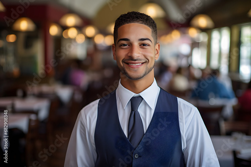 A handsome young Asian male waiter standing in the restaurant well dressed looking in the camera with positive vibes there is a lot of tables and chairs align in the blur background 