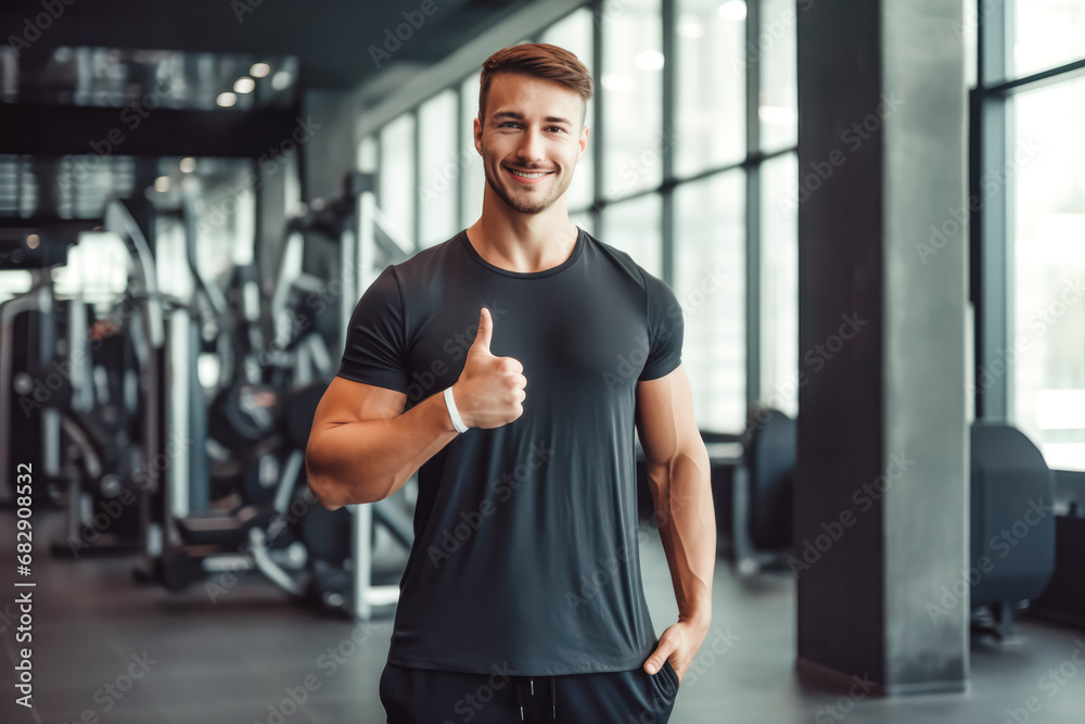 Young man after a successful workout in a modern fitness centre gym. Healthy fit young male holding thumbs up to show successful training.