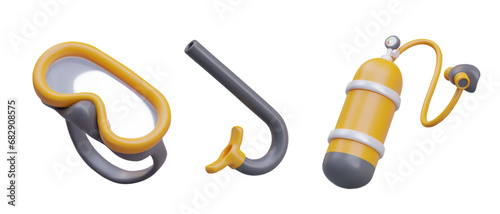 Professional kit for diving. Glasses, breathing mask, and aqualung with tube on white background. Vector illustration in 3d style in yellow and black colors