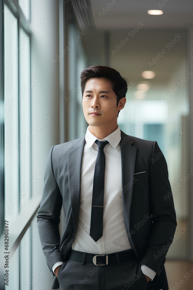 Confident korean businessman leader looking away standing in office hallway. Professional manager executive, korean male investor or entrepreneur thinking of future success. generative AI Confident korean businessman leader looking away standing in office hallway. Professional manager executive, korean male investor or entrepreneur thinking of future success. generative AI