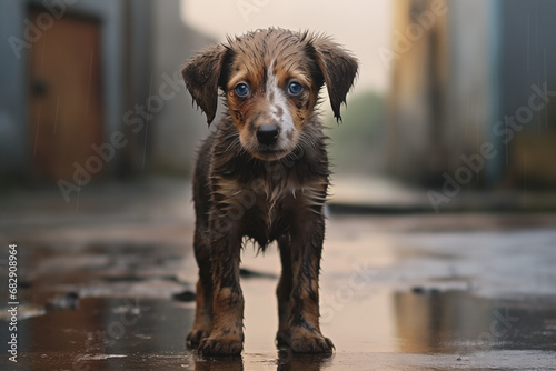 Stray homeless dog. Sad abandoned hungry puppy sitting alone in the street under rain. Dirty wet little lost dog outdoors
