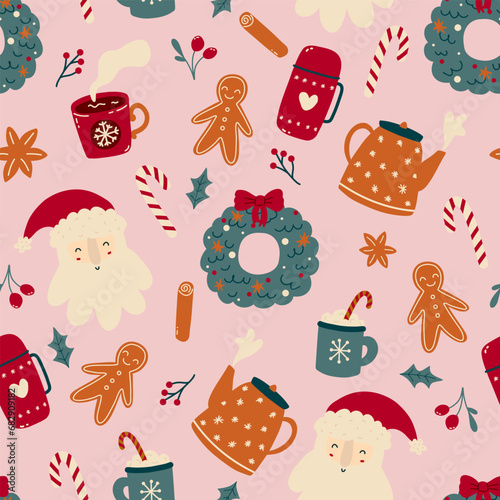Christmas holiday flat vector seamless pattern. Winter season symbols texture. 