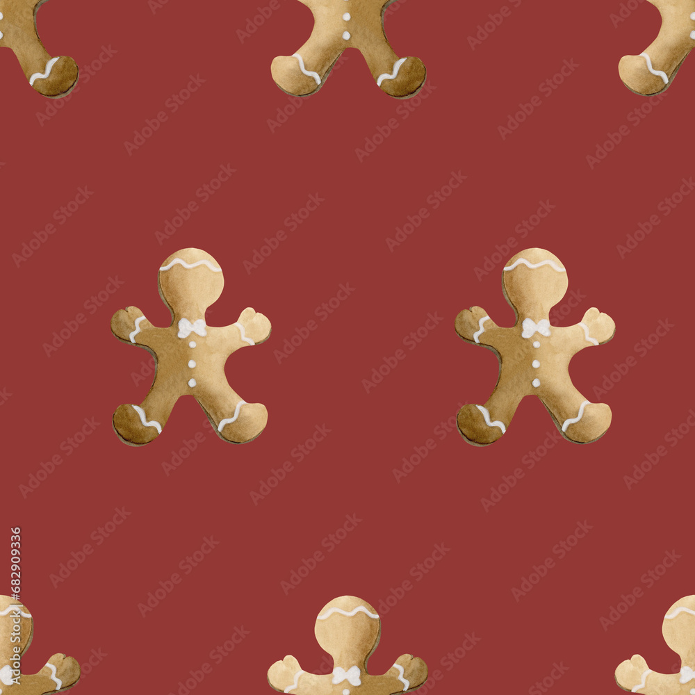 Watercolor seamless pattern with gingerbread cookies on red background. Christmas winter holiday design for fabric Watercolor seamless pattern with gingerbread cookies on red background. Christmas winter holiday design for fabric