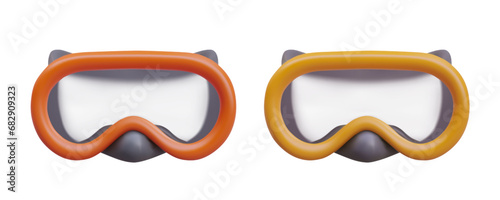 Yellow and red diving mask. Set of sports equipment of different colors. Accessory for swimming at depth. Excursions under water. Isolated 3D vector illustration