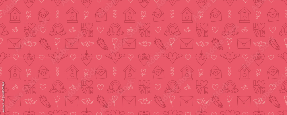 Valentines Day doodle style seamless pattern, hand-drawn love theme icons background. Romantic mood cute symbols and elements collection. Valentines Day doodle style seamless pattern, hand-drawn love theme icons background. Romantic mood cute symbols and elements collection.