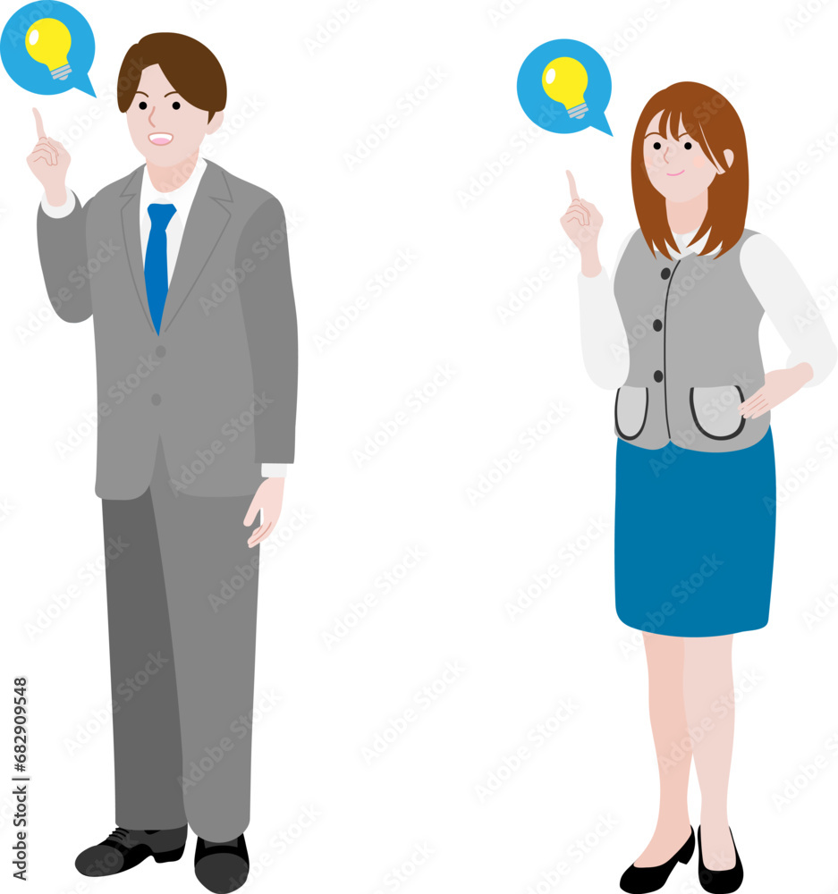 良いアイデアをひらめいた会社員男女のイラスト 良いアイデアをひらめいた会社員男女のイラスト