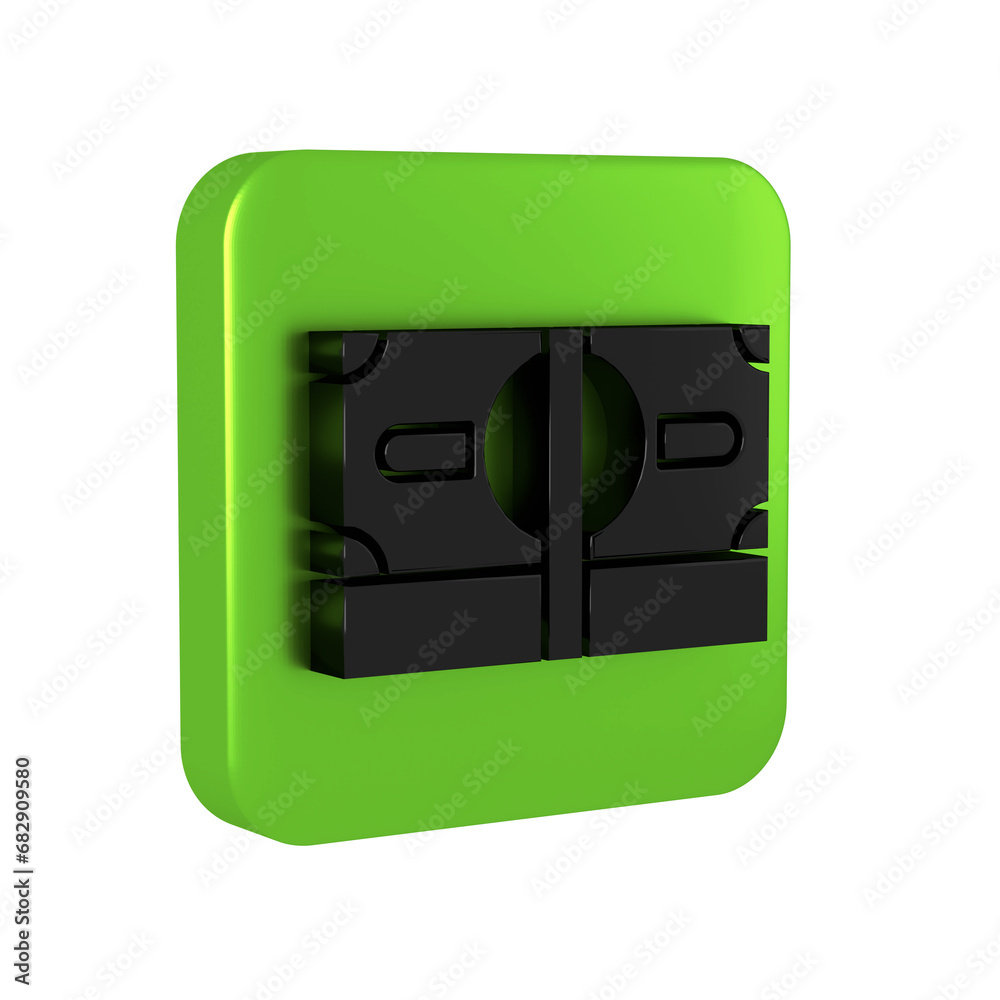 Black Stacks paper money cash icon isolated on transparent background. Money banknotes stacks. Bill currency. Green square button.