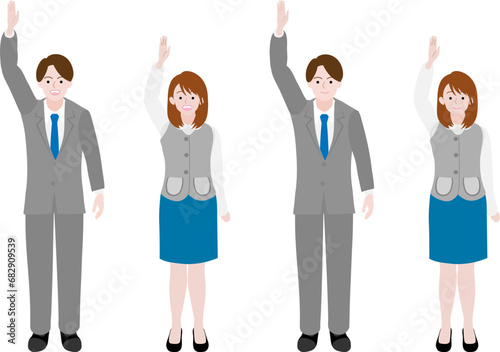 笑顔で片手を高くあげる会社員男女のイラスト