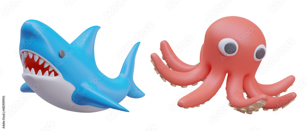 Blue shark, octopus with big eyes. 3D sea creatures. Colorful oceanic characters. Predatory fauna, monsters of underwater world. Detailed vector image on white background