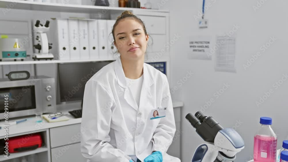 Lucky, young, hispanic woman, flaunting perfect teeth in a happy smile, confidently clad in her cool scientist uniform at the lab, radiates beauty and success. Lucky, young, hispanic woman, flaunting perfect teeth in a happy smile, confidently clad in her cool scientist uniform at the lab, radiates beauty and success.