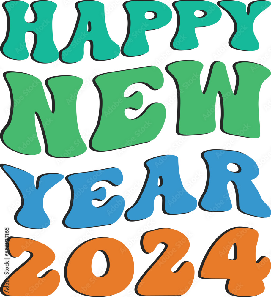 HAPPY NEW YEAR 2024 Wavy Retro Sublimation T-shirt Design HAPPY NEW YEAR 2024 Wavy Retro Sublimation T-shirt Design