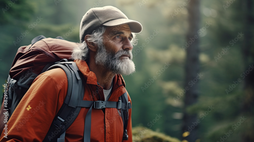 Old man with beard hiking in the woods. Concept of Elderly Adventure and Exploration, Nature Enthusiasm in Seniors, Embracing Nature at an Older Age. Old man with beard hiking in the woods. Concept of Elderly Adventure and Exploration, Nature Enthusiasm in Seniors, Embracing Nature at an Older Age.