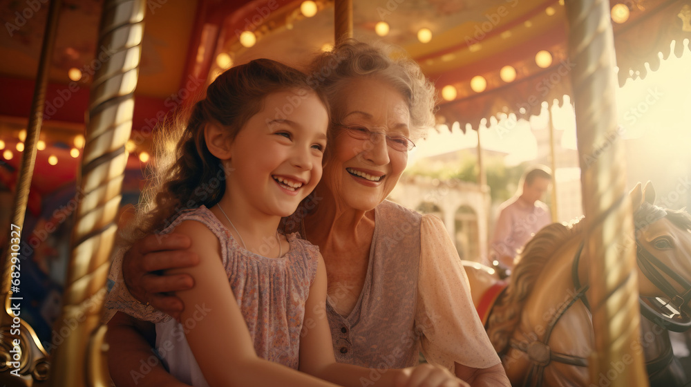 Grandmother and girl riding on carousel at the fair. Concept of Inter-generational Fun, Family Bonding at Fairs, Joyful Fair Experience, Generational Connections. Grandmother and girl riding on carousel at the fair. Concept of Inter-generational Fun, Family Bonding at Fairs, Joyful Fair Experience, Generational Connections.