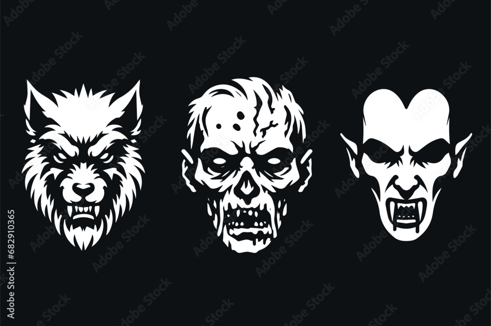Fototapeta premium Evil faces of horror characters. Werewolf, vampire and zombie. White on black background. Vector illustration