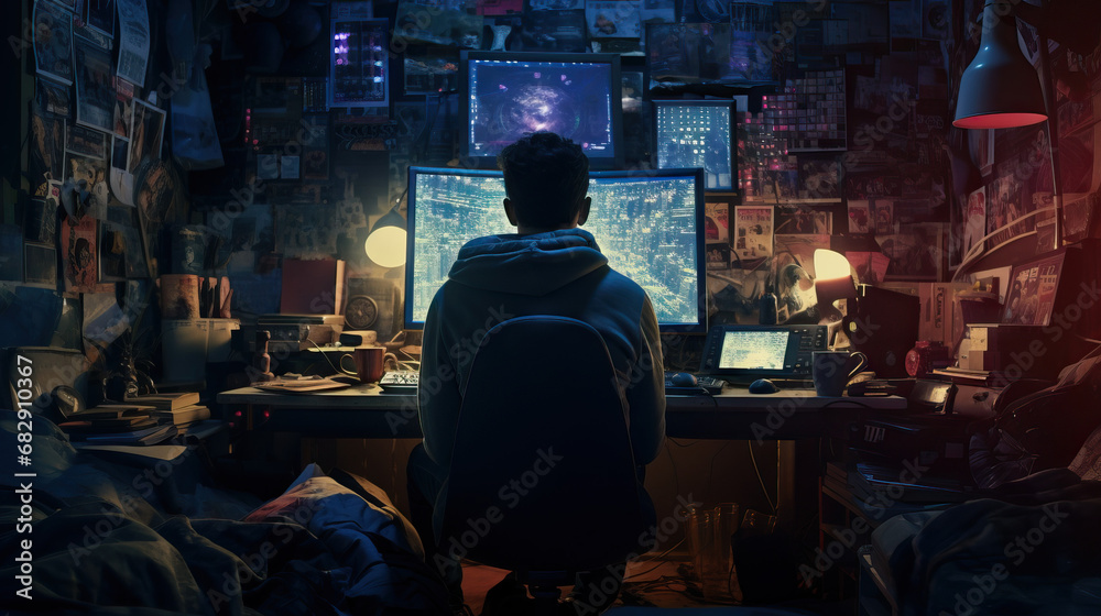 Teen boy sitting in front of glowing computer screen in dark bedroom. Concept of Late-night Computer Use, Digital Engagement in Darkness, Online Activities at Night, Immersed in Digital Content.