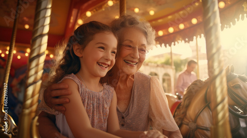 Grandmother and girl riding on carousel at the fair. Concept of Inter-generational Fun, Family Bonding at Fairs, Joyful Fair Experience, Generational Connections.