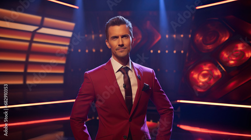 Game show host in suit on set ready to perform. Concept of Entertainment Presentation, Television Show Hosting, Showmanship and Presentation.