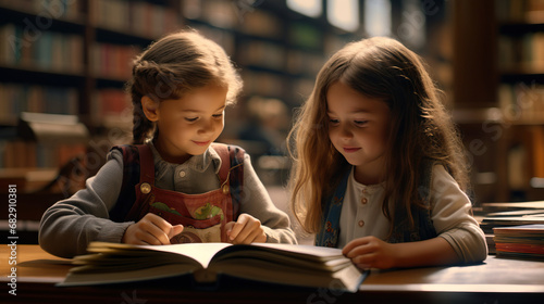 Two children reading a book at the school library. Concept of Love for Reading, Intellectual Curiosity, Quiet Study Time, Library as a Learning Environment.