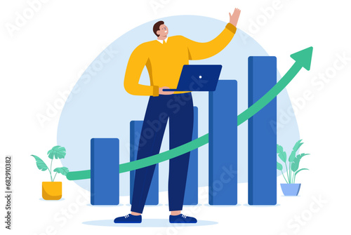 Successful happy businessman - Person standing in front of rising chart holding laptop computer and watching green arrow pointing up. Business growth and success concept in flat design vector