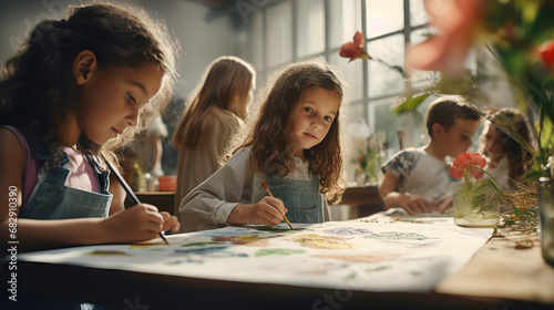 Children in art class drawing pretty picture. Concept of Creative Expression, Artistic Exploration, Young Artistic Talent, Learning and Creating in Art Class.