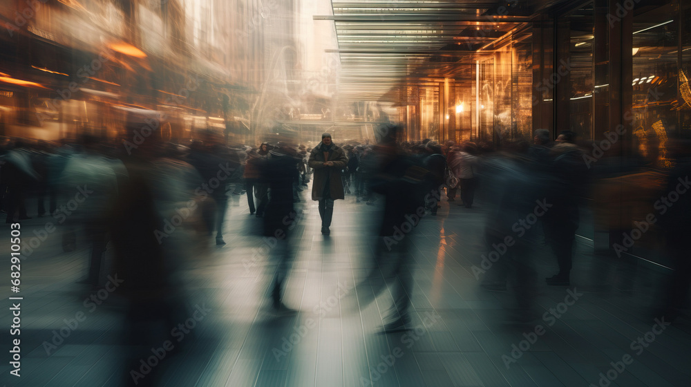 Time lapse of people walking in the city. Blurred motion. Concept of Urban Hustle and Bustle, City Life in Motion, Dynamic Urban Movement, Fast-paced City Living.
