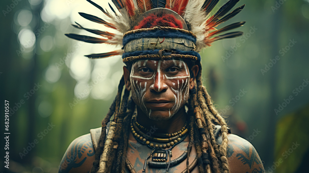 Portrait of amazing tribal man in headdress. Concept of Indigenous Warrior Culture, Tribal Guardianship, Jungle Protector, Traditional Amazonian Warrior.