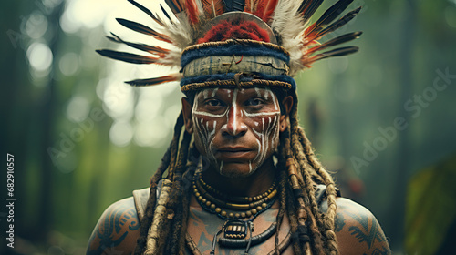 Portrait of amazing tribal man in headdress. Concept of Indigenous Warrior Culture, Tribal Guardianship, Jungle Protector, Traditional Amazonian Warrior.