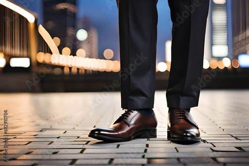 Pair of male legs with brown dress shoes and dress pants on an urban background