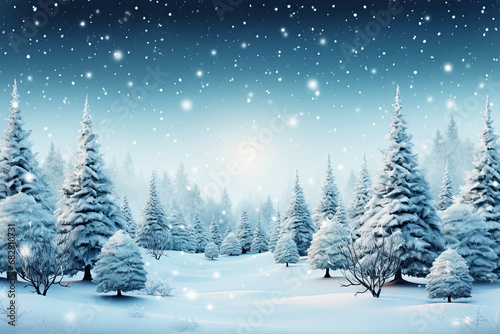 Winter background and pine trees with snow flakes