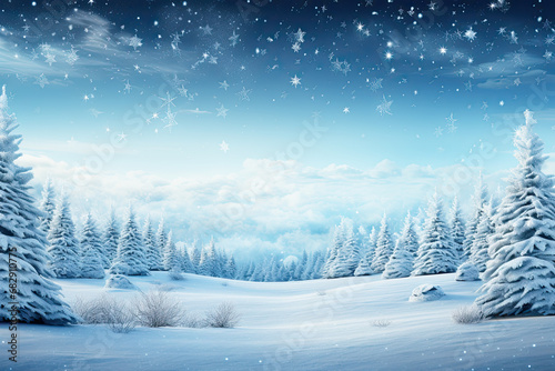 Winter snow background with beautiful light and snow flakes on the blue sky