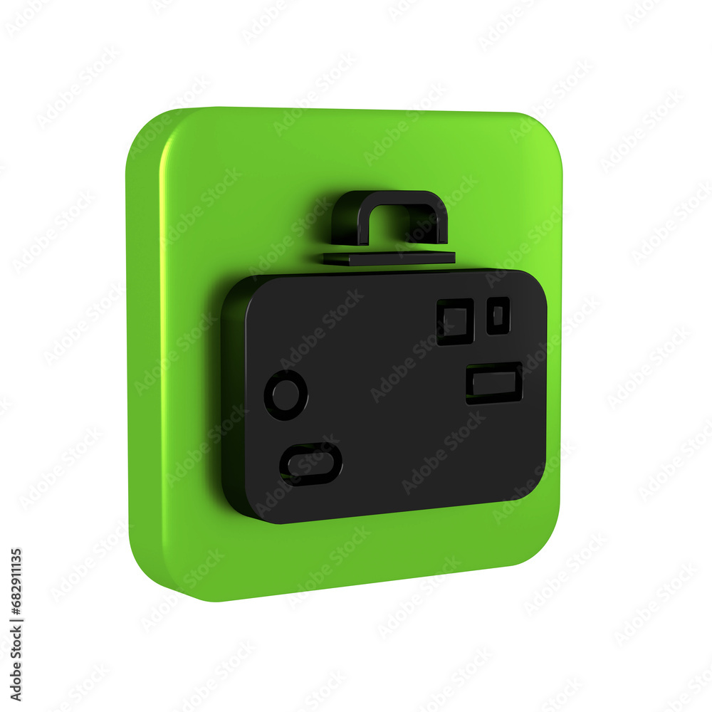 Black Suitcase for travel icon isolated on transparent background. Traveling baggage sign. Travel luggage icon. Green square button. Black Suitcase for travel icon isolated on transparent background. Traveling baggage sign. Travel luggage icon. Green square button.