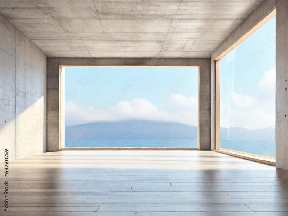 Interno vuoto della stanza con pareti di cemento, pavimento in legno scuro con luce soffusa proveniente dalla finestra. Atmosfera soft