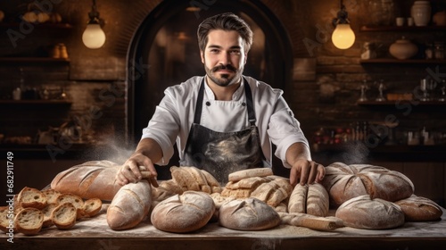 Young Hispanic attractive worker male with beard wearing apron baking bakery occupation, caucasian profession chef or homemade baker happy standing hands hold powder and recipe making bread in kitchen