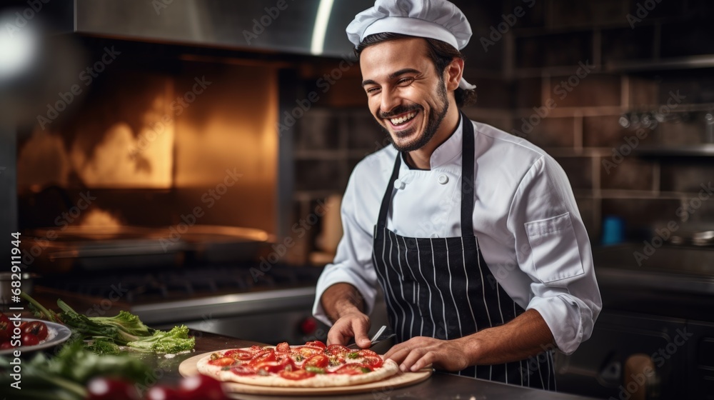 Italian profession chef male with beard wearing apron standing, cooking homemade pizza in kitchen, small business cousine or Italian restaurant culture serving pizza for dinner by cooker Italian profession chef male with beard wearing apron standing, cooking homemade pizza in kitchen, small business cousine or Italian restaurant culture serving pizza for dinner by cooker