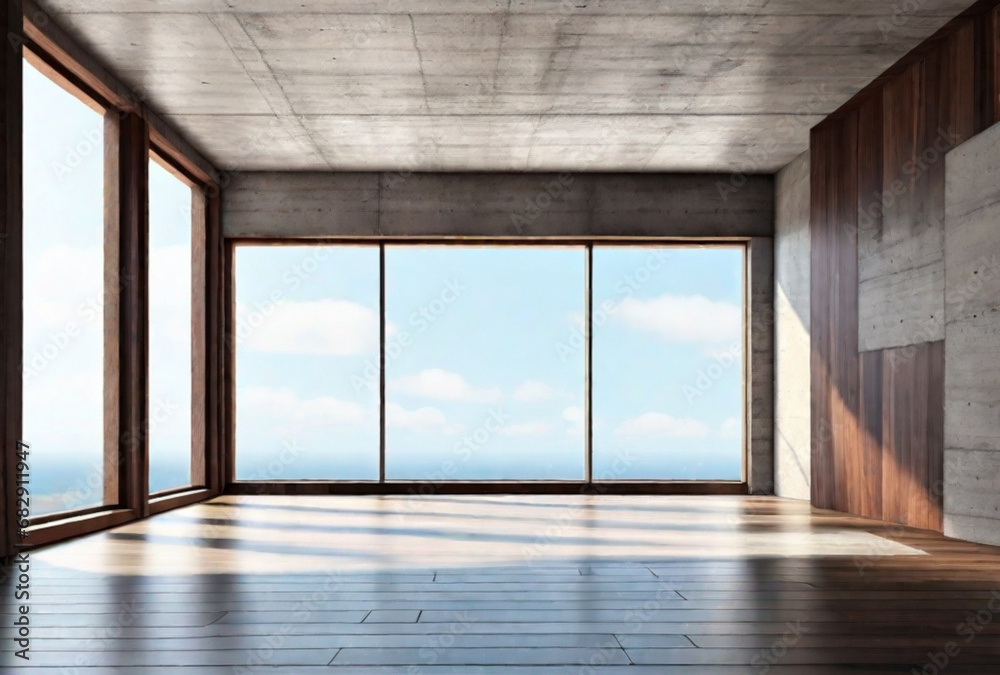 Interno vuoto della stanza con pareti di cemento, pavimento in legno scuro con luce soffusa proveniente dalla finestra. Atmosfera soft Interno vuoto della stanza con pareti di cemento, pavimento in legno scuro con luce soffusa proveniente dalla finestra. Atmosfera soft