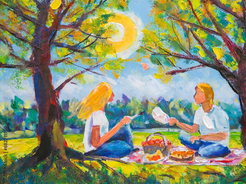 Loving couple picnicking in a pretty park, oil paint, AI generative.