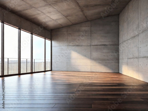 Interno vuoto della stanza con pareti di cemento, pavimento in legno scuro con luce soffusa proveniente dalla finestra. Atmosfera soft photo