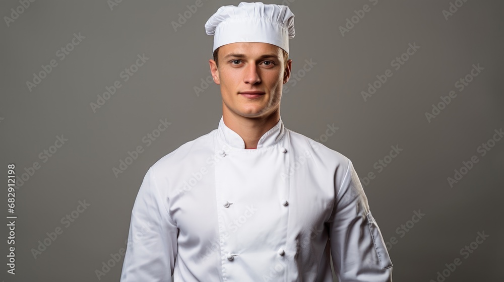 Portrait of young attractive chef in white uniform for large cuisine or restaurant, Caucasion worker, cooker or waiter man standing in front of background, young restaurant small business entrepreneur Portrait of young attractive chef in white uniform for large cuisine or restaurant, Caucasion worker, cooker or waiter man standing in front of background, young restaurant small business entrepreneur