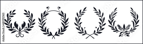 Laurel wreaths in silhouette pattern. Elegant hand-painted floral frame with branches and leaves. Vector illustration for label, business identity, wedding invitation, greeting card, diploma