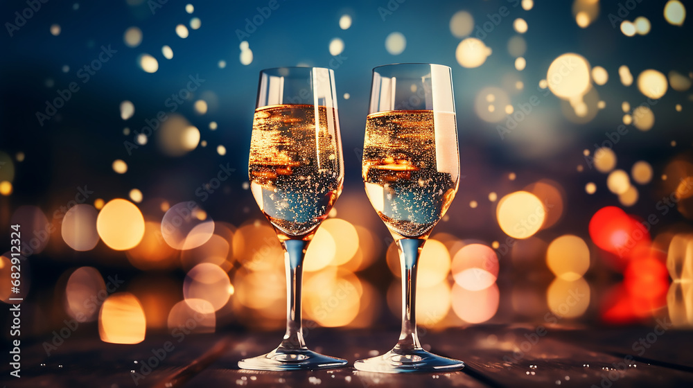 Happy New Year 2024, New Year gold glittering background with champagne