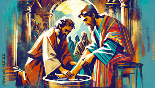 Illustration of Jesus washing Peter's foot, Biblical event, vibrant colors. photo