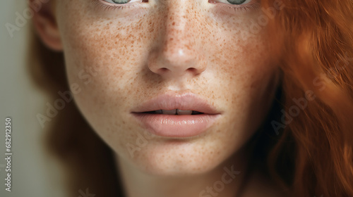 Young beautiful freckles woman face with healthy skin and with ginger hair, skin care products template  photo