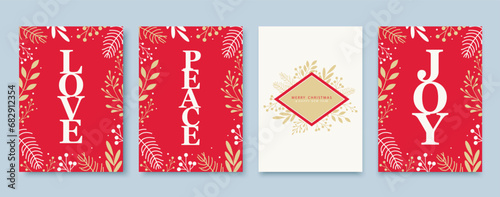 Love peace joy, calligraphy inscription on a red background. Set of greeting cards for Christmas and New Year. Vector illustration concepts.