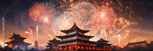 Chinese lunar new year celebration. Fireworks over a traditional oriental temple building