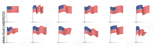 United states flag set, usa symbol, wavy shape flag pole realistic illustration