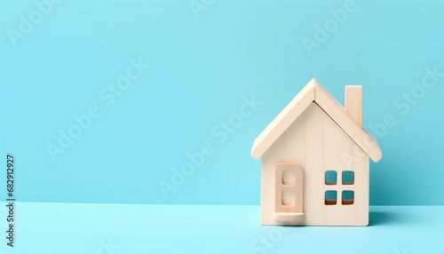 Toy wooden house on blue background. for real estate nad housing concepts.