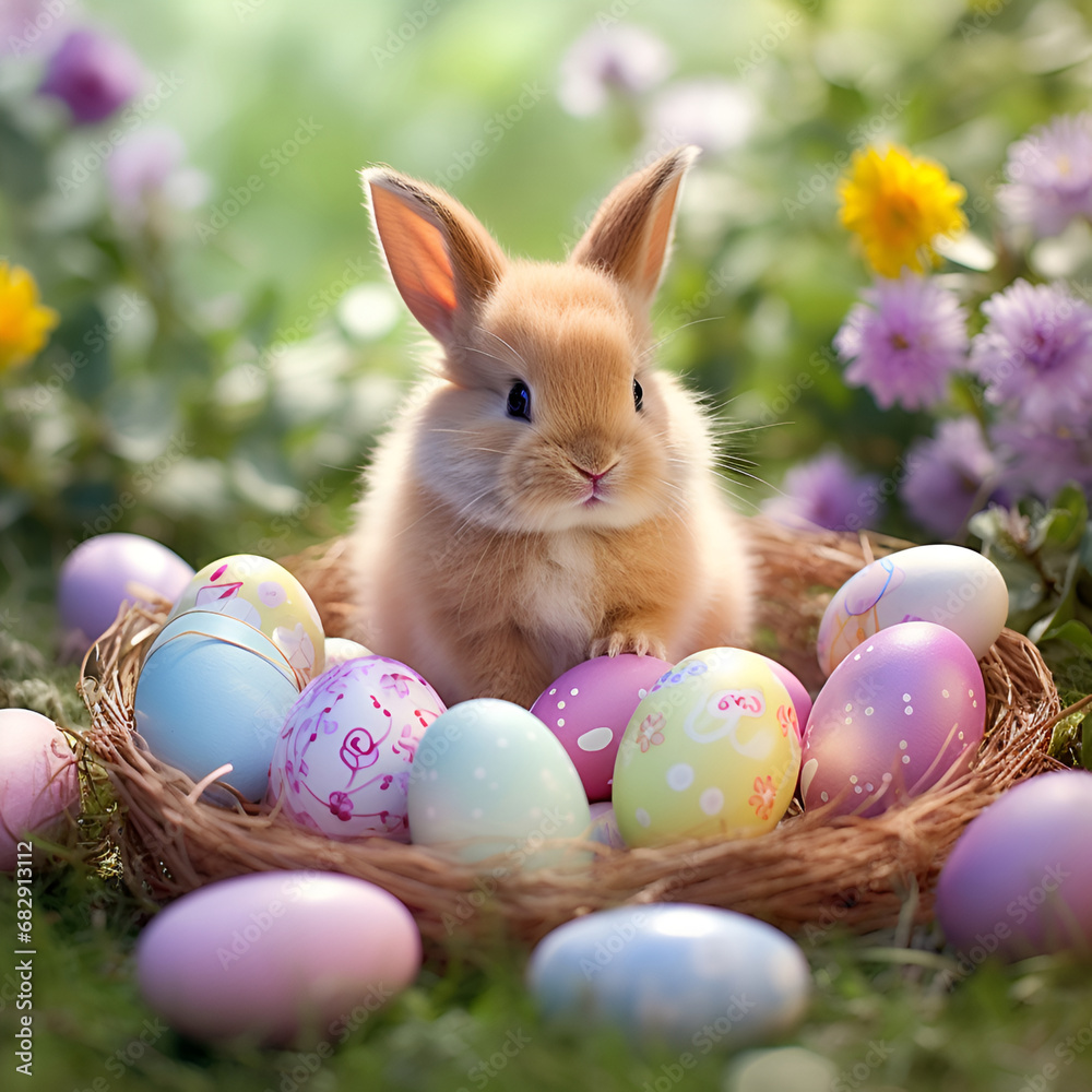 easter bunny is sitting in a basket with eggs